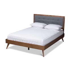 Baxton Studio Ines Mid-Century Modern Dark Grey Fabric Upholstered Walnut Brown Finished Wood Queen Size Platform Bed